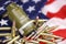 M18 smoke grenade and many yellow bullets and cartridges on United States flag. Concept of gun trafficking on USA territory or