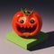 This macabre tomato has a pumpkin-like appearance with eyes and teeth that are frightening. AI generated