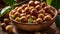 Macadamia nut leaves a bowl wooden table tasty edible healthy snack selection nutrition