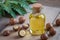 Macadamia oil in bottle and macadamia nuts on wooden table