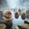 Macaques enjoying the warm waters at Jigokudani Park, Yudanaka, Nagano, Japan