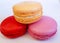 Macaron is a French confection of egg whites, powdered sugar, granulated sugar, ground almonds and food coloring. R