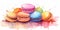 Macaron on a pastel background in a wet watercolor theme. Banner. Place for text. Generative AI