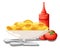 Macaroni set pasta collection italian food Tomato sauce, ketchup in jar with vegetable. Vector illustration for restaurant