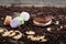 Macarons cakes among coffee beans