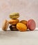 Macarons cakes. Small French cakes. Sweet and colourful French macarons.