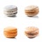 Macarons cookies, different colors, white background, macaroons bisquits close-up.