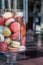 Macarons in a glass jar, candy store window display