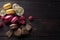 Macarons with ingredients over a dark wood table