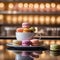 Macarons in a plate on a bar counter in a cafe, lights in the background