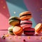 Macarons, sweet light deserts, colorful and floating, dynamic food photo