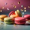 Macarons, sweet light deserts, colorful and floating, dynamic food photo