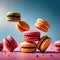 Macarons, sweet light deserts, colorful and floating, dynamic food photo