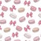 Macaroon pattern. Sweet dessert biscuit cookies surface design. Macaron pink texture with bow. Delicious restaurant