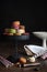 Macaroons on cake stand with dark background