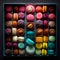 Macaroons, colors, a french patisserie in an open box, knolling - Generative AI
