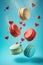 Macaroons hearts flying on blue. Macaron cookies levitating. Generative AI