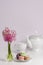 Macaroons and transparent vase with pink hyacinth flowers on porcelain tea pot and cup background.