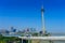 MACAU, CHINA- MAY 11, 2017: Famous traveling Macau Tower, urban ladscape near river in macao asia