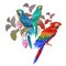 Macaw birds, flowers and leaves of exotic plant. Exotic floral decoration