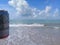 MACEIO, AL, BRAZIL - May 12, 2019: Budweiser cold beer and a beautiful sky and sea behind