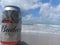 MACEIO, AL, BRAZIL - May 12, 2019: Budweiser cold beer and a beautiful sky and sea behind