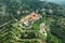 Machairas Monastery in Cyprus mountains, aerial view from drone, beautiful ancient monastery