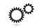 Machine Cogwheels, Black And White Vector Flat Icon. Two Gear Wheels, Cogs, Clockwork Round Details. Business Concept Elements