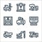 machinery line icons. linear set. quality vector line set such as crane truck, drilling machine, tipper, gauge, air compressor,