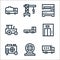 machinery line icons. linear set. quality vector line set such as dump truck, valve, electric generator, elevator, truck, tractor