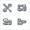 machinery line icons. linear set. quality vector line set such as track trencher, concrete truck, ladder truck