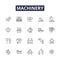 Machinery line vector icons and signs. Equipment, Mechanism, Gear, Apparatus, Assembly, Device, System, Part outline