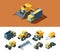 Machines agricultural isometric set. Vehicles modern industry rural caterpillar tractor grain truck wheeled farm cutting