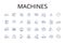 Machines line icons collection. Gearworks, Automatons, Mechanisms, Contraptions, Robotics, Engines, Apparatuses vector