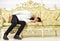 Macho sleep with book in hand. Boring literature concept. Man with beard and mustache lay on baroque style sofa, holds