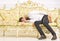 Macho sleep with book in hand. Boring literature concept. Man with beard and mustache lay on baroque style sofa, holds