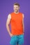 Macho smile on violet background. Happy sportsman sportswear. Fit and confident. Personal trainer for healthy lifestyle