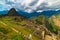 Machu Picchu terraces steep view from above to Urubamba valley below. Peru travel destination, tourism famous place.