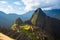 Machu Picchu terraces steep view from above to Urubamba valley below. Peru travel destination, tourism famous place.