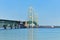 Mackinac bridge, freighter