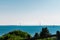 The Mackinac Bridge shot from the west bluffs of Mackinac Island Michigan on a beautiful sunny summer day