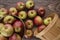 Macoun apples on a wooden counter getting ready for baking