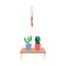 Macrame plant hangers with cactus hobby concept flat vector isolated on white.