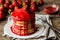 Macro american pancakes with strawberry jam on a wooden background. Great depth of field.