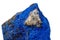 Macro Azurite mineral stone with Pyrite inserts on a white background