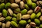 Macro background of ripe pistachios. Close up texture view. AI generated