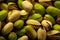 Macro background of ripe pistachios. Close up textured view. AI generated