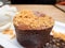 Macro of chocolate fondant with ice cream