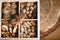 Macro cinnamon sticks tied lace and star anise with three kinds of nuts and dried fruits of apples in a box on a wooden background