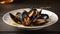 Macro close up of appetizing fresh Steamed sea mussels. Large blue mussels on dark plate